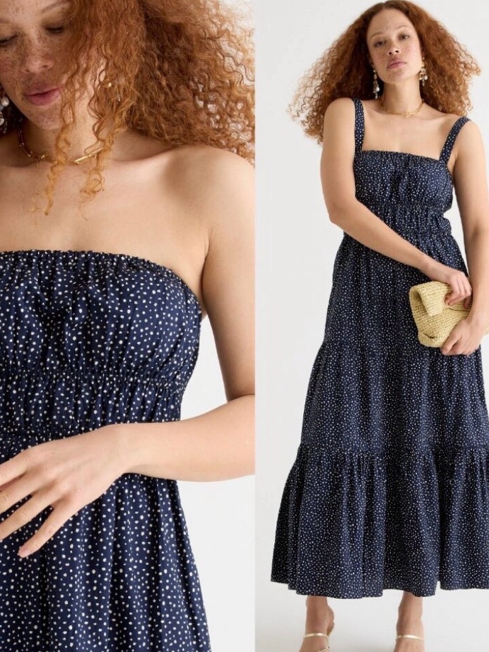 J. Crew tiered midi dress with convertible straps in dot Large